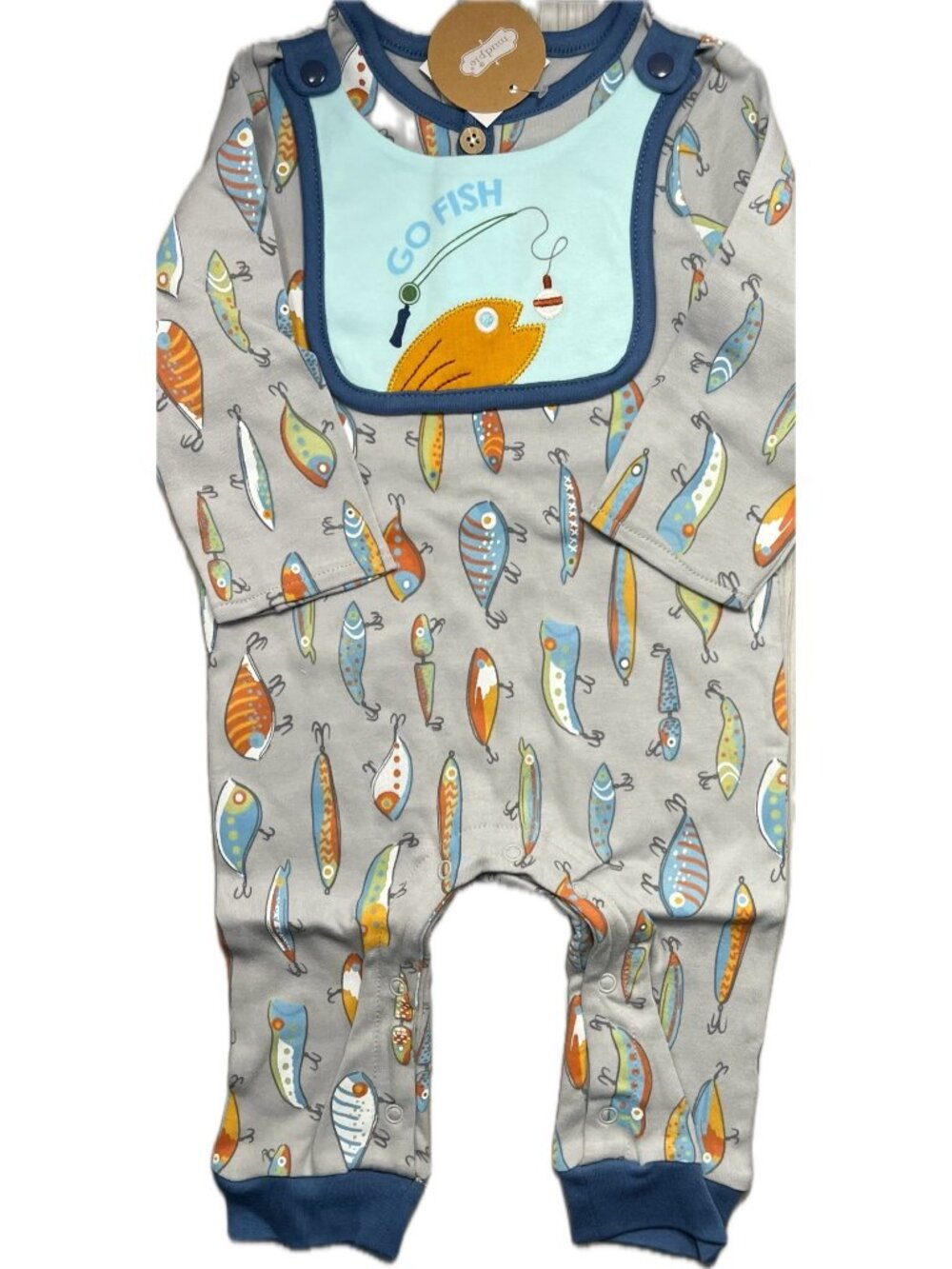 Mud Pie fishing lure romper Bib 2pc set 6m 9m NWT blue gray embroidery bodysuit